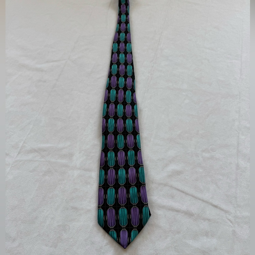 Bergamo New York Silk Tie Designer Geometric‎ Handmade Black Purple Blue